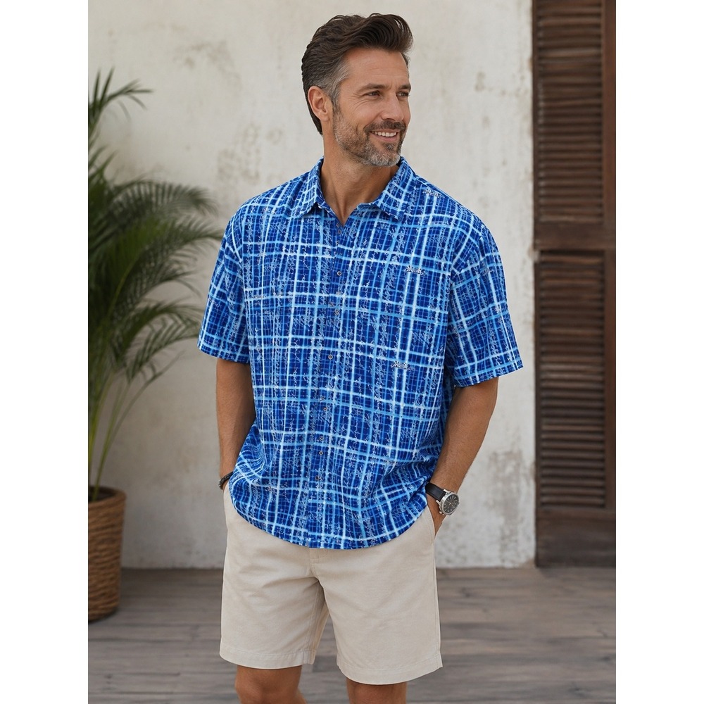 Southpole Denim Button Mens Blue White Short Sleeve Shirt XL Casual Tie‎ Dye